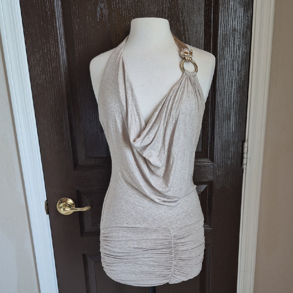 Sky Beige Halter Dress with Gold Accent - Picture 1 of 10